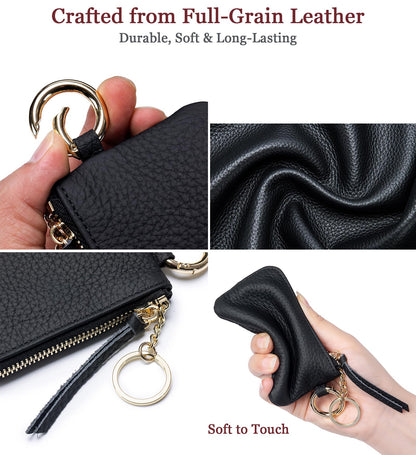 LnxLtw Leather Coin Purse for Women with Keychain & Wrist Strap – Small Zipper Coin Pouch, Mini Change Wallet, Slim Travel Key Pouch with Gift Box (Black)