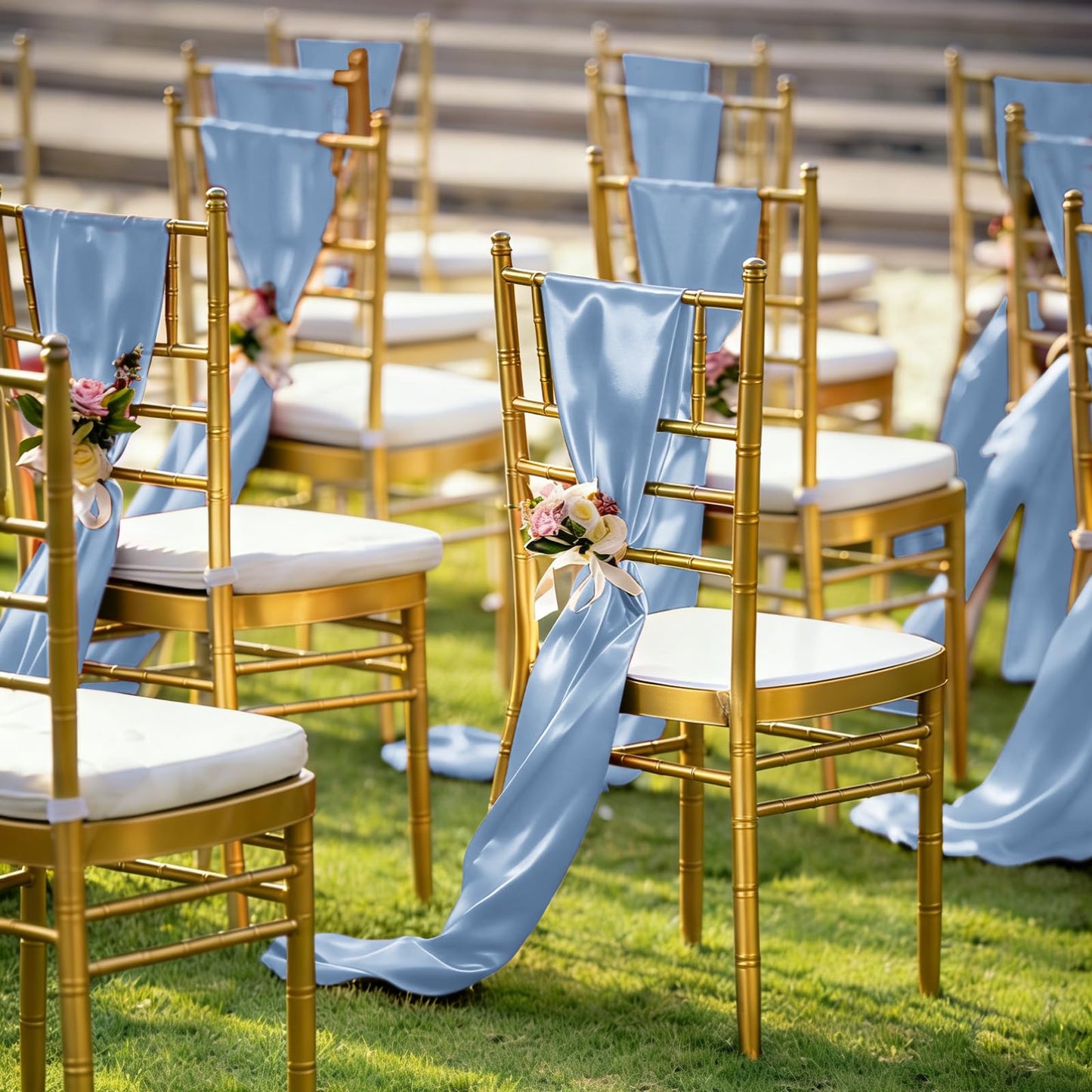 REWOMC 60 PCS 7x78 Inch Dusty Blue Satin Chair Sashes Bows Suitable for Various Occasions Such as Weddings Banquets Parties, Graduation Ceremonies Etc