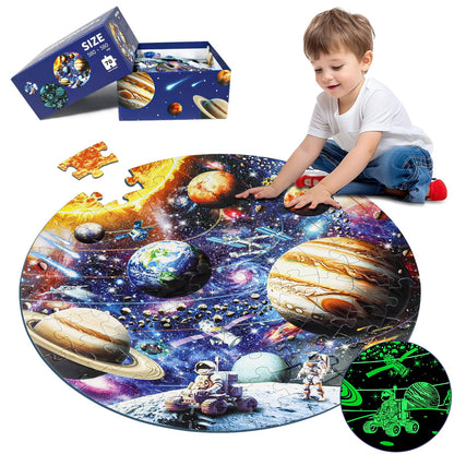 Glow in The Dark Solar System Jigsaw Puzzles for Kids Ages 4-8, 70 Pieces Kids Space Planet Floor Puzzle Toys Ages 8-10, Large Round Educational Puzzle Toys Easter Gifts for Kids Boys Girls