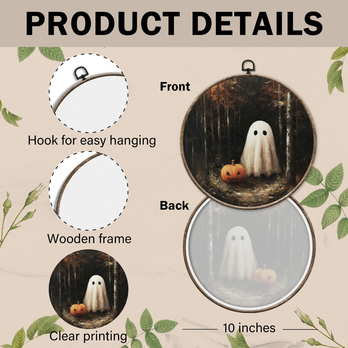 EGVQK Halloween Ghost Pumpkin Round Wall Art, Dark Academia Forest Framed Canvas Prints Wall Art, Halloween Spooky Ghost Pumpkin Round Canvas Hanging Walls Decor for Home Bedroom Decorations, 10x10in