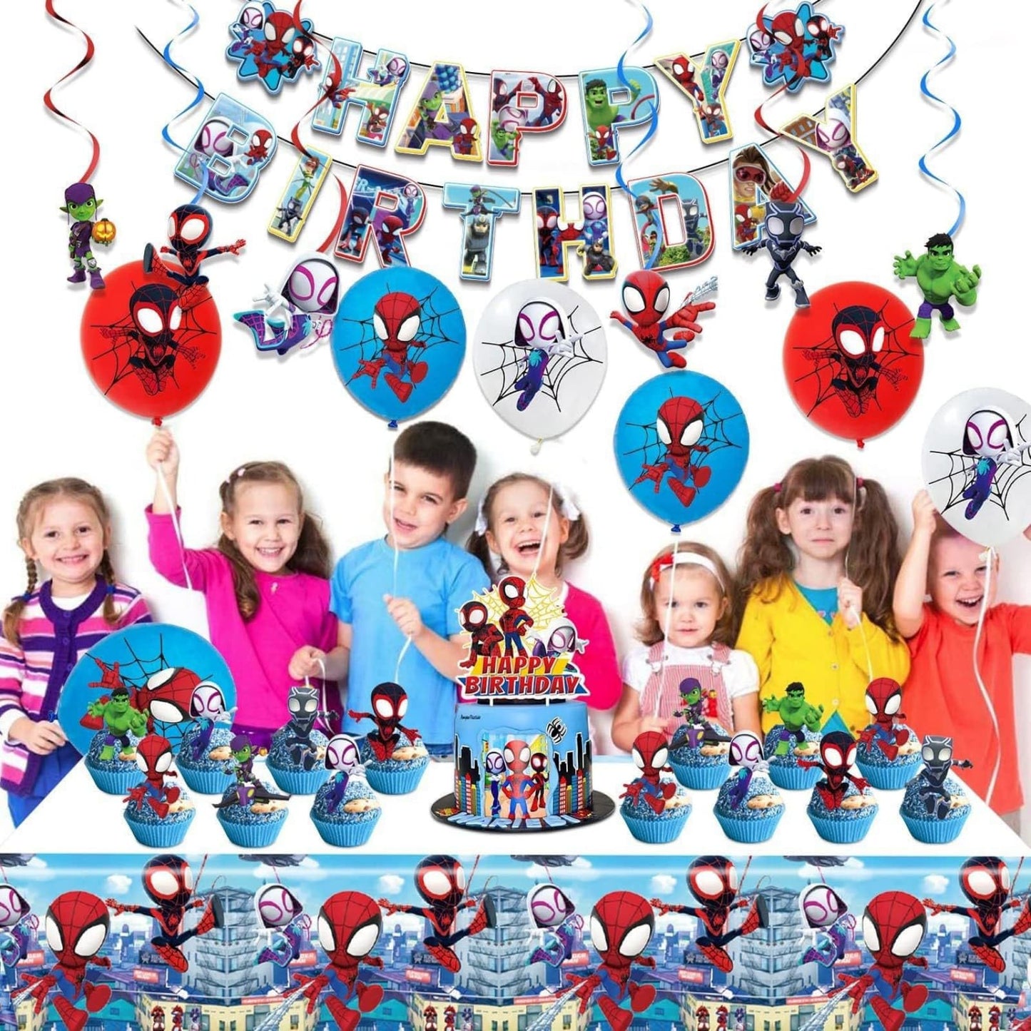 53pcs Spider Birthday Decorations Supplies, Spider Decorations - Cartoon Party Favors with Party Balloons, Foil Balloons, Banner, Cake Topper, Cupcake Toppers, Hanging Swirls & Tablecloth