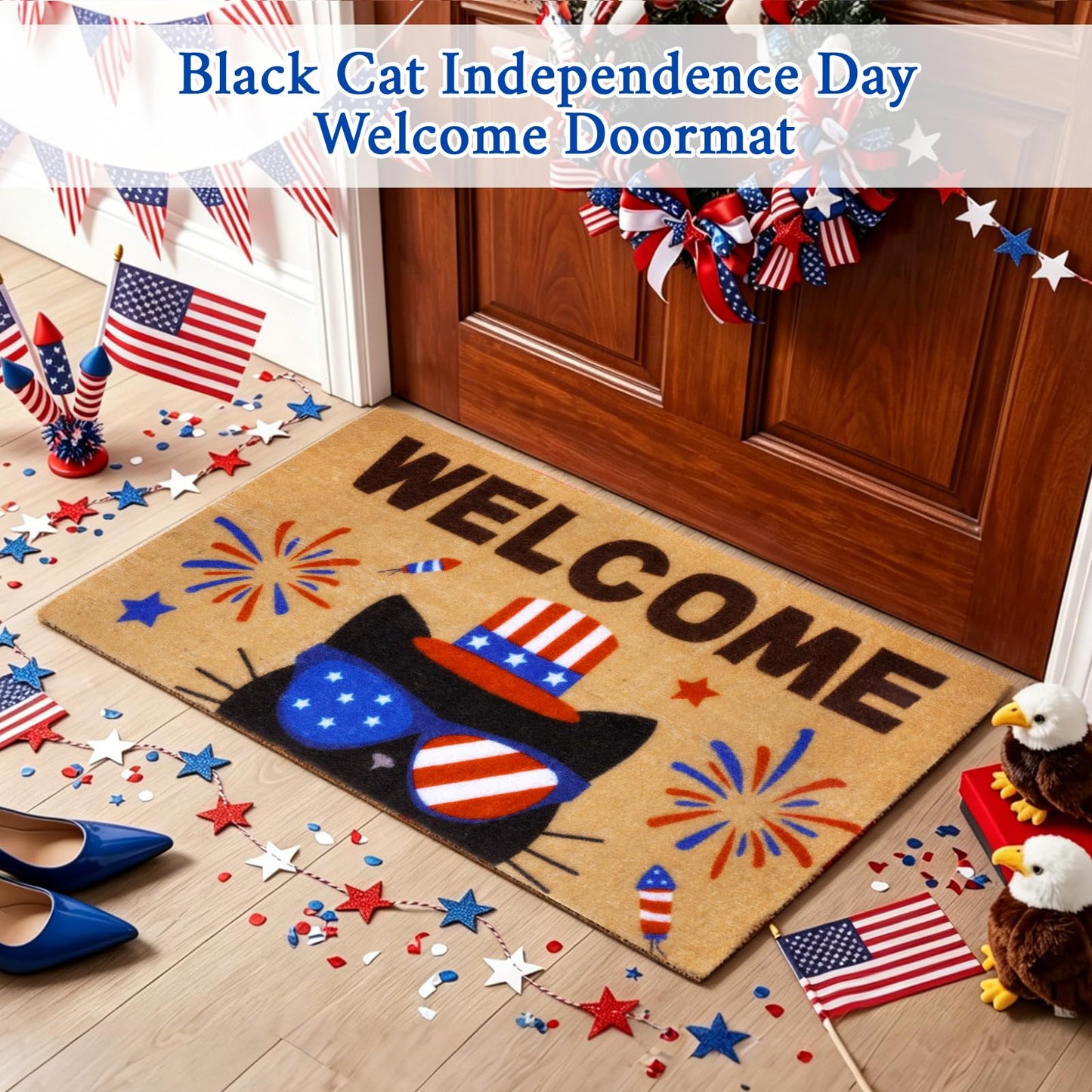 Prewplam 4th of July Patriotic Welcome Doormat- Black Cat 250th Anniversary America Coir Doormat, Front Rubber Non Slip Backing Mats for Outdoor Entryway Entrance Porch Patriotic Decor,73 x 43