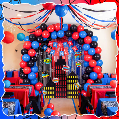 Sliner 47 Pcs Spider Web Birthday Decorations, Tinsel Foil Fringe Curtains Balloons Skyscraper City Boxes set, Spider Party Supplies Red Black Blue Photo Booth Prop Backdrop Streamer, Backdrop Decor