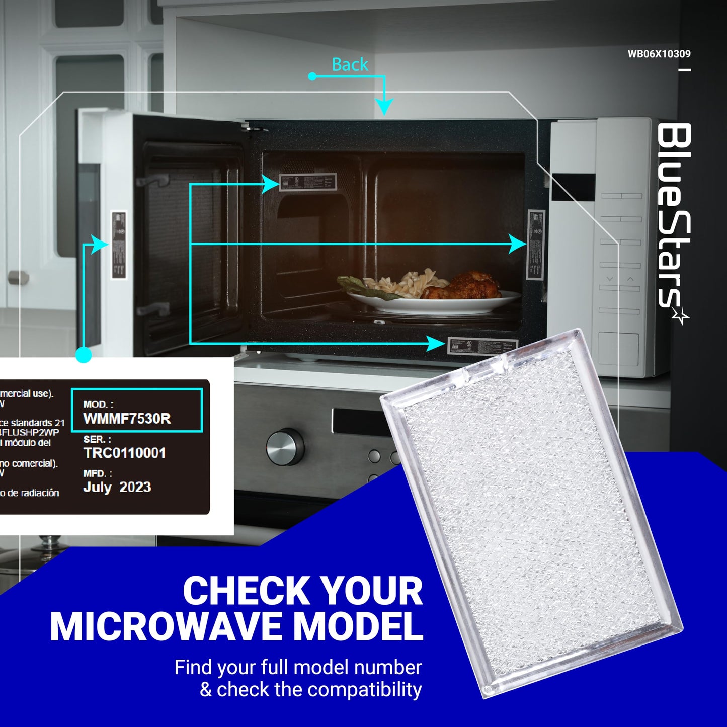 BlueStars Ultra Durable WB06X10309 WB06X10359 ME17R7021ES AA Microwave Grease Filter Replacement 7.64 x 5.12 - For G.E LG Kenmore Over-the-range Vent Hood Microwaves ME21R7051SS - 5 Packs