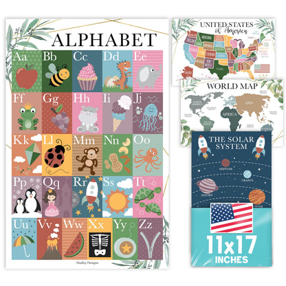 4 Alphabet, Map of United States, World Map, & Solar System Posters - Laminated ABC Charts for Toddlers Wall Decor, Greenery Posters for Kindergarten, Prek Classroom or Homeschool 11x17
