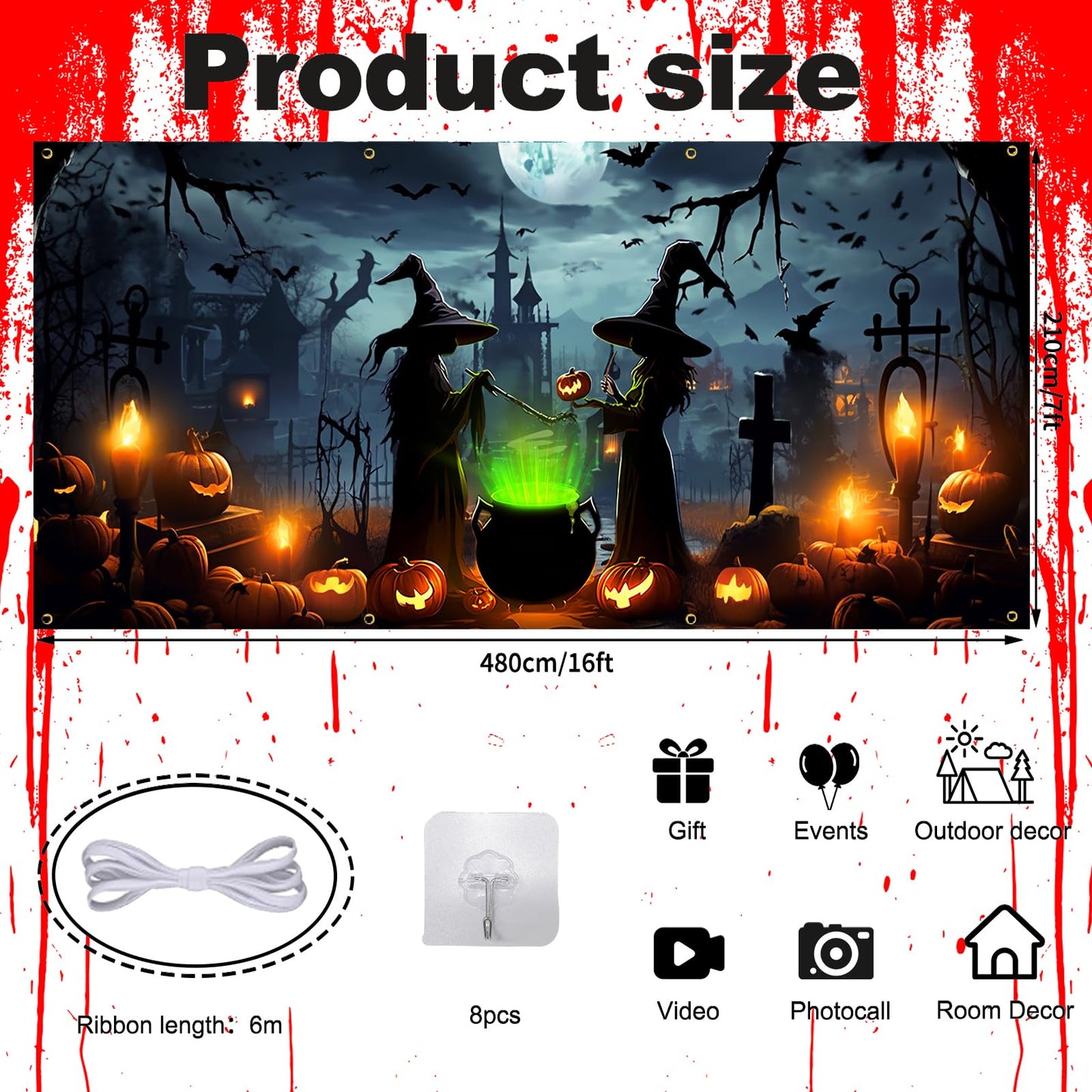 Lighted Witch Halloween Garage Door Decorations Banner - 7 x 16 ft Halloween Garage Door Cover with LED Light Strap, Large Hanging Backdrop for Home Outdoor Spooky Party Yard Decor