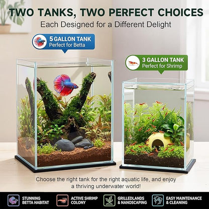 Geelin 2 Pack Rectangular Glass Fish Tank Set 3 Gallon and 5 Gallon Clear Rimless Small Aquarium for Betta Goldfish Snails Shrimp Aquatic Planting Easy to Maintain with 2 Non Slip Pads