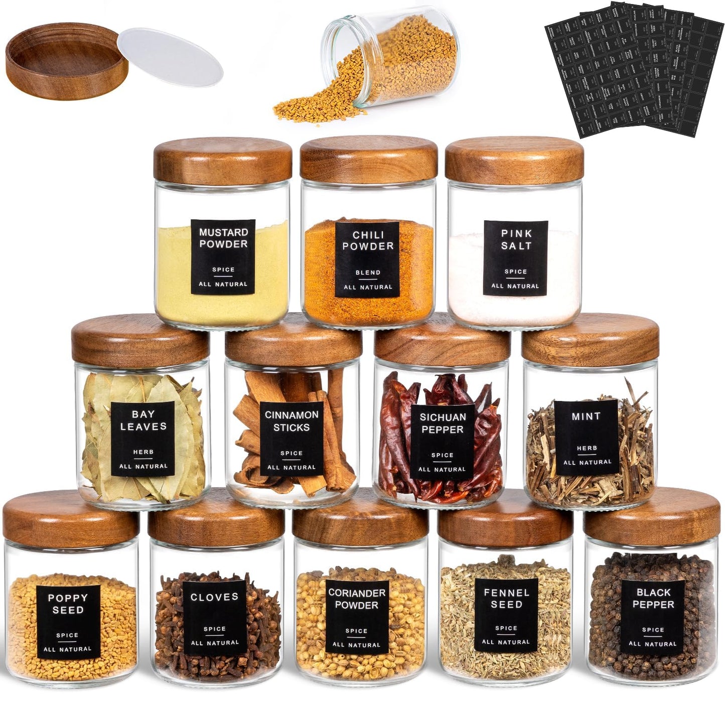 Yangbaga Glass Spice Jars with Labels: 12pc 8oz Round Seasoning Storage Containers with lid,Pepper Grinder,Funnel; Empty Spice Organizer Bottles for Kitchen Rack Drawer Cabinet
