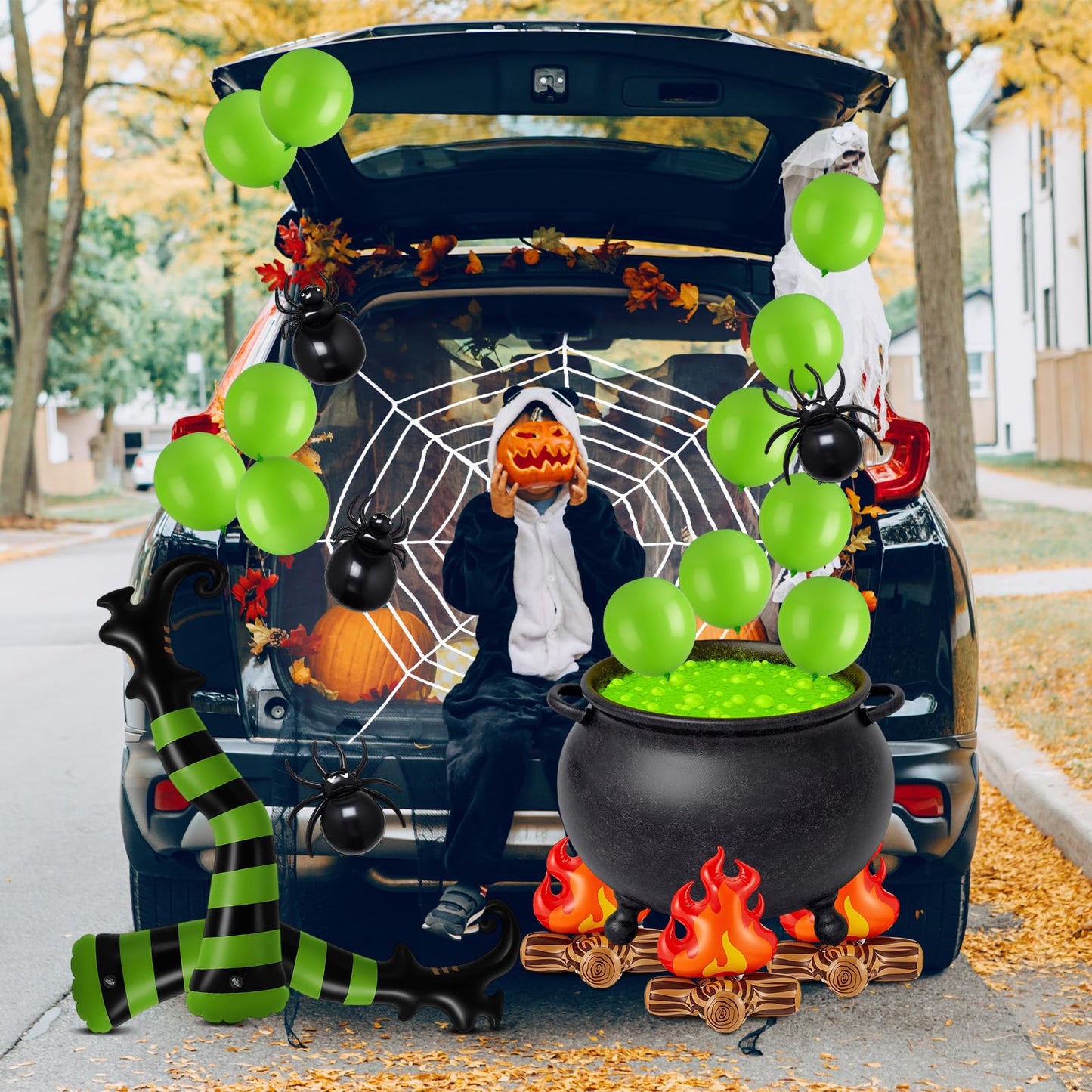 Soulchen 32 Pcs Halloween Witch Trunk or Treat Car Decor Kit Witch Cauldron Banner Inflatable Legs Fake Campfire Camping Balloon Prop Yard Halloween Wizard Garage Trunk or Treat Car Supplies(Green)