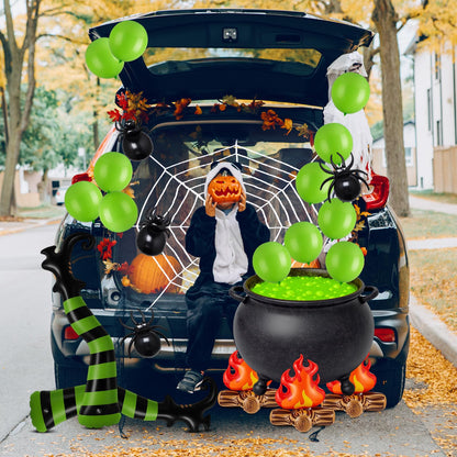 Soulchen 32 Pcs Halloween Witch Trunk or Treat Car Decor Kit Witch Cauldron Banner Inflatable Legs Fake Campfire Camping Balloon Prop Yard Halloween Wizard Garage Trunk or Treat Car Supplies(Green)