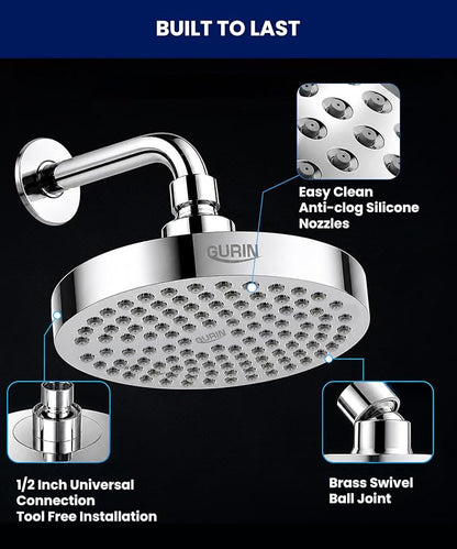 GURIN Shower Head - Powerful High Pressure Rain Shower Head 6 Inch - Luxury Rainfall Showerhead with Adjustable Angles, 90 Anti-Clog Nozzles, Tool-Free 1-Min Install, Premium Polished Chrome Finish
