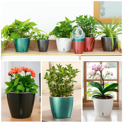 KvyusFlourish Self Watering Pots for Indoor Plants, 4-Pack 6.7'' Self Watering Planter with Drainage Holes, Small African Violet Pots with Water Indicator, Clear Wick Orchid Pot, Rose Gold