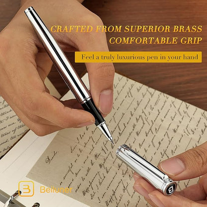 BEILUNER Luxury Silver Rollerball Pen, Stunning Bright Silver Chrome Finish,Noble and Elegant Designs,Schneider Ink Refill, Best Gift Pen for Men & Women, Professional, Executive Office, Fancy Pens
