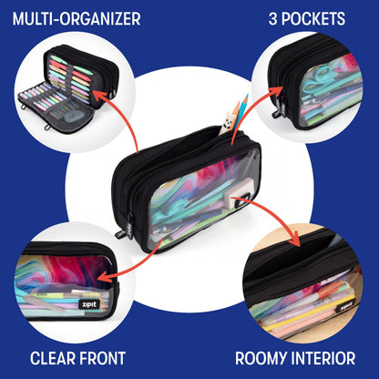 ZIPIT Half & Half Pencil Case, 3 Compartment Zipper Pouch for School, Stationery Bag for Teen Girls Boys and Adults, Black