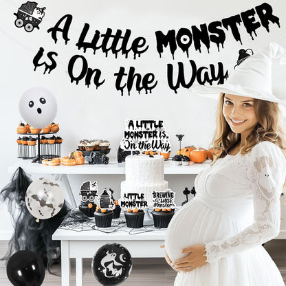 Halloween Gothic Baby Shower Decorations, A Little Monster is on the Way Banner Garland Ghost Bat Little Monster Cake and Cupcake Toppers Balloons Kit for Halloween a Baby Is Brewing Party Supplies