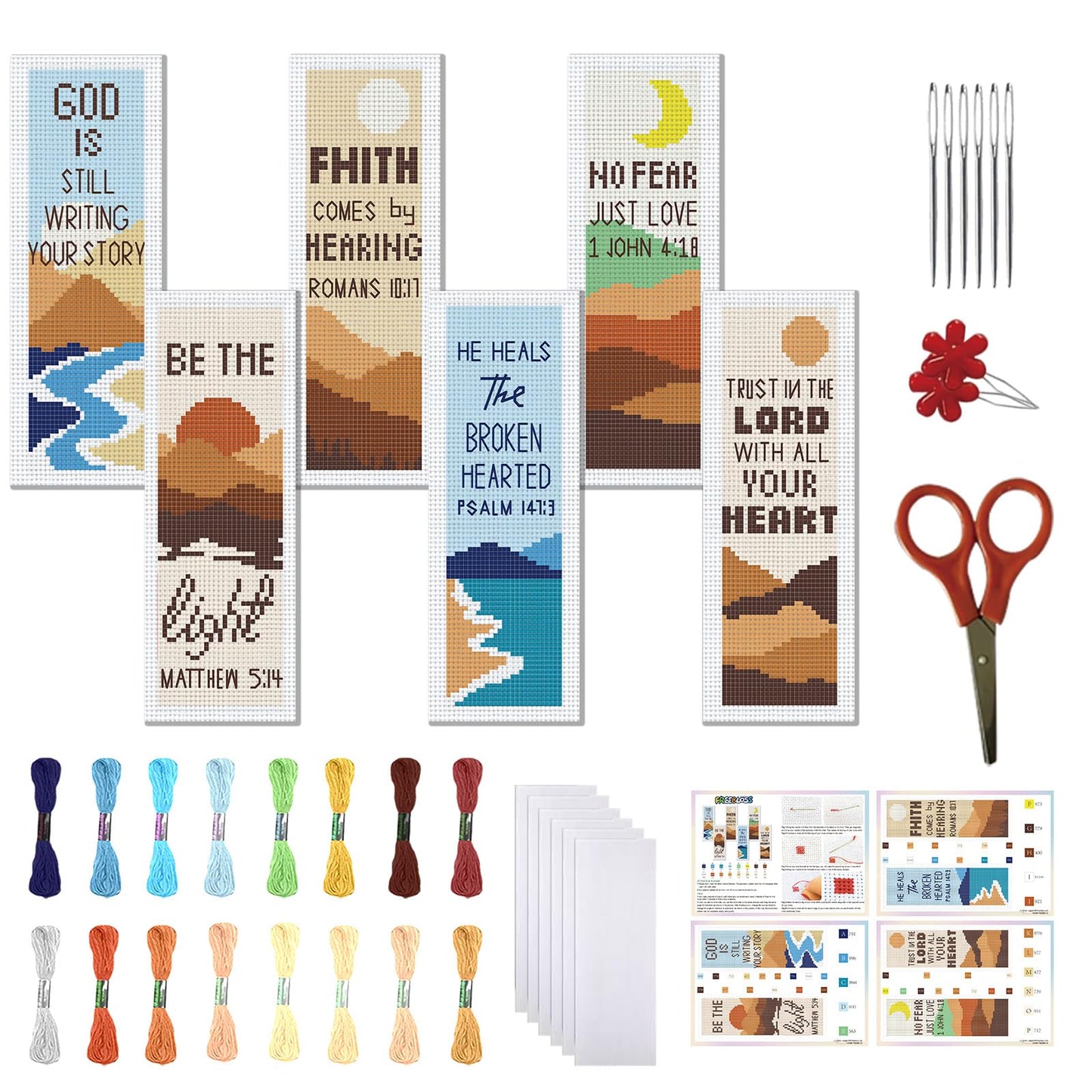 FREEBLOSS 11CT 6 Set Cross Stitch Bookmark Kit Landscape Stamped Embroidery Bookmark Kit with Instructions 6 Back Felt Bookmarks Making Set for Adults Book Lovers, 8"x2.4"