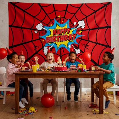 Boao 5 x 4 ft Spider Web Happy Birthday Banner Backdrop Large Heros Themed Party Background Photo Booth Props for Boys Birthday Party Baby Shower Photography Decorations Supplies