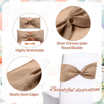 Newwiee 48 Pcs Burlap Stretch Chair Sashes Linen Spandex Bow Chair Bands Ties Dining for Rustic Wedding Dining Banquet Event Party Favor Ceremony Decoration (Pure Brown)