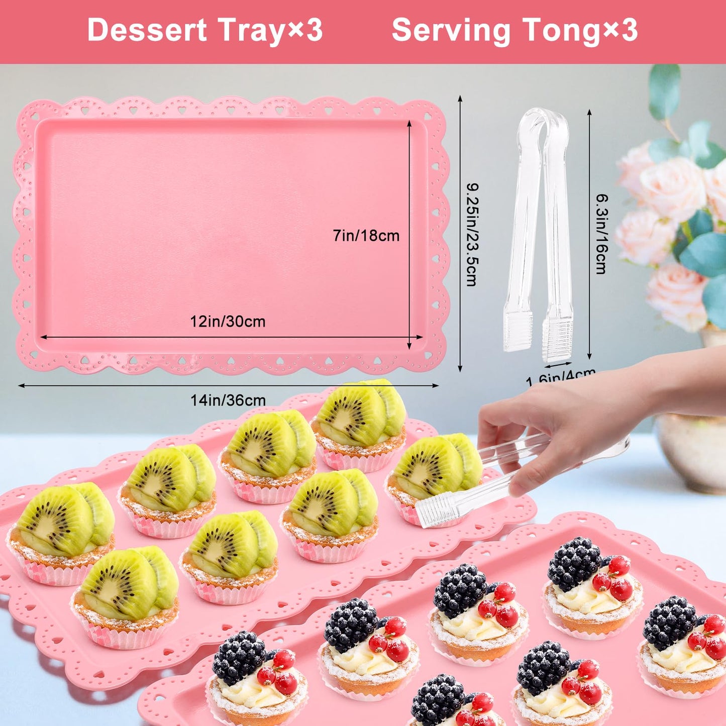 Coitak 8 Pieces Cupcake Stand Set, 2 PCS 3 Tier Cupcake Stands with 3 PCS Appetizer Trays, 3 PCS Serving Tongs, Dessert Tower Tray for Tea Party (Pink)