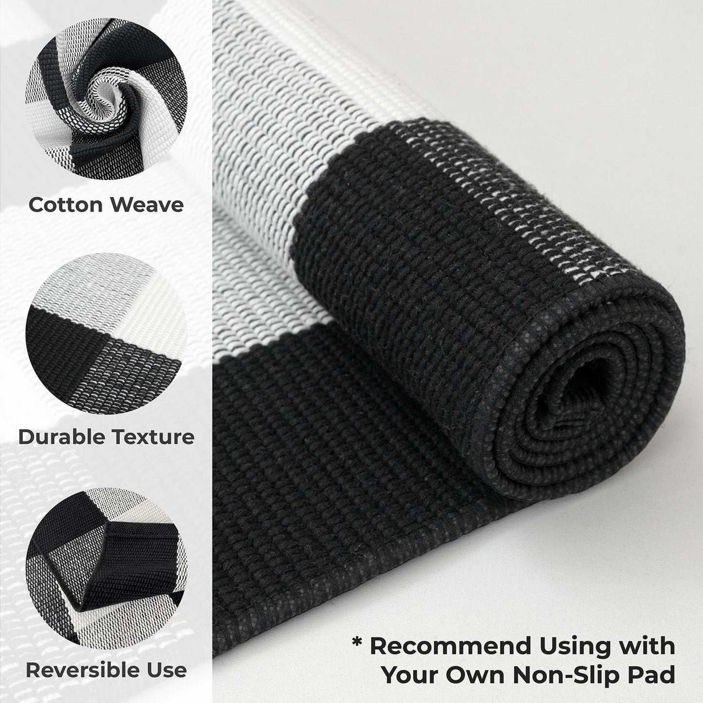 KOZYFLY Buffalo Plaid Area Rugs 2x4.3 Ft Black and White Checkered Rug Washable Front Door Mat Hand Woven Cotton Outdoor Rug Small Rug for Front Porch Kitchen Entryway Patio Bathroom