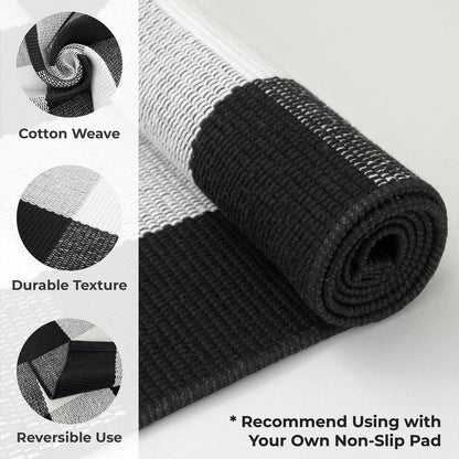 KOZYFLY Buffalo Plaid Area Rugs 2x4.3 Ft Black and White Checkered Rug Washable Front Door Mat Hand Woven Cotton Outdoor Rug Small Rug for Front Porch Kitchen Entryway Patio Bathroom