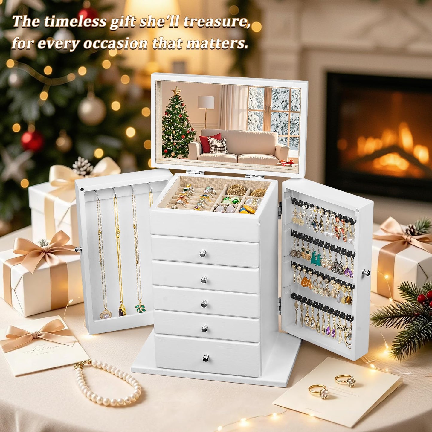 Emfogo Wooden Jewelry Box for Women, 6-Tier Large Jewelry Organizer Boxes with Mirror Rustic Solid Wood jewlery Storage for Rings Earrings Necklaces Bracelets watches(White)