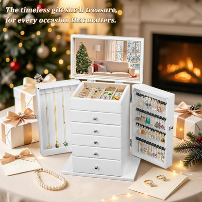 Emfogo Wooden Jewelry Box for Women, 6-Tier Large Jewelry Organizer Boxes with Mirror Rustic Solid Wood jewlery Storage for Rings Earrings Necklaces Bracelets watches(White)