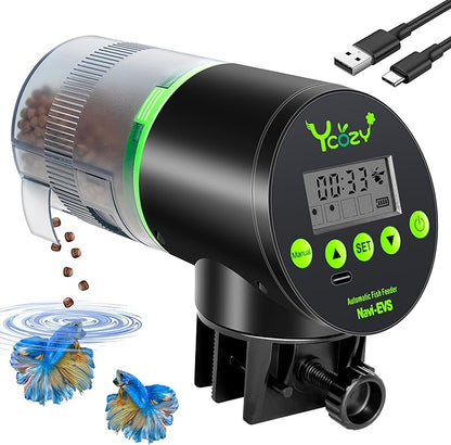 Ycozy Automatic Fish Feeder Rechargeable with USB Cable Moisture-Proof Intelligent Electric Fish/Turtle Feeder for Aquarium & Fish Tank (Rechargeable EVS)