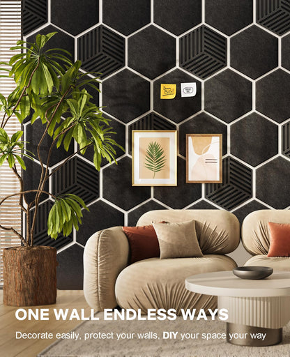 Hexagon Large Cork Bulletin Board Tiles, Peel and Stick Felt Wall Panels for Vision, Message Center, Picture and Prayer Board for Office, Dorm, Room and Desk Decor(Black)