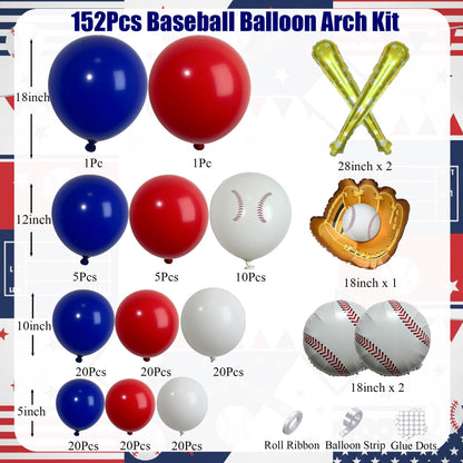 Baseball Balloon Arch Kit, Navy Blue Red White Balloon Garland with Baseball Print Baseball Bat and Glove Foil Balloons, for Rookie Year Baseball Birthday Party Decorations