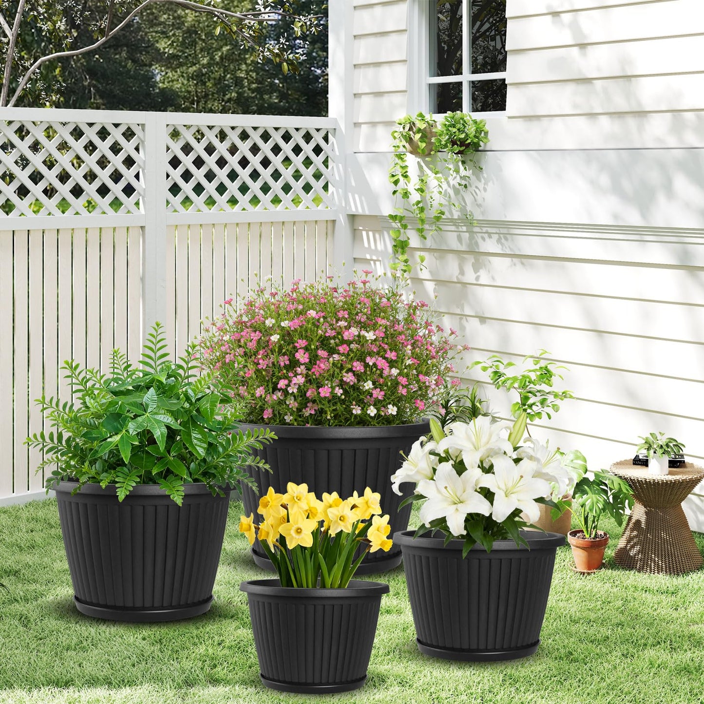 Fodetyff 10-inch-Plastic-Plant-Pots-with-Saucer, Flower Pots Containers for Indoor Outdoor Plants, Large Resin Planter with Drainage Holes and Saucers for Snake Plant Monstera