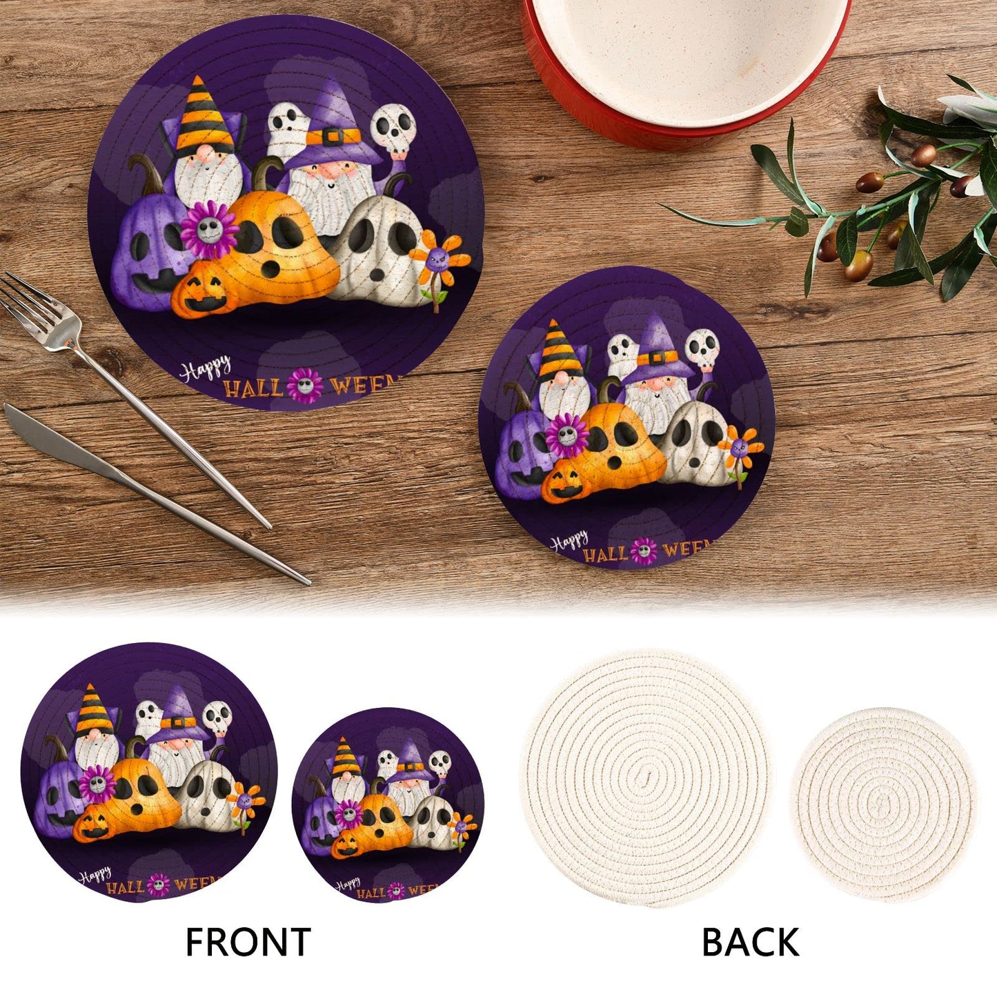 Moudou Halloween Gnome Trivet Pot Holder Set of 2, Heat Resistant Round Potholders Coasters Pad for Kitchen, Hot Pot and Pan
