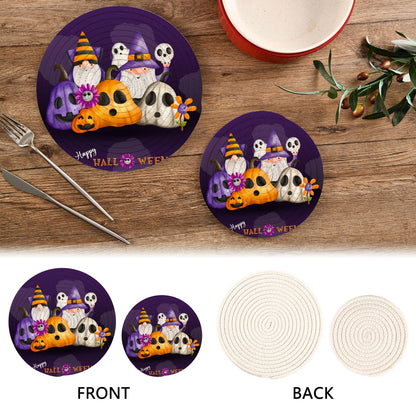 Moudou Halloween Gnome Trivet Pot Holder Set of 2, Heat Resistant Round Potholders Coasters Pad for Kitchen, Hot Pot and Pan