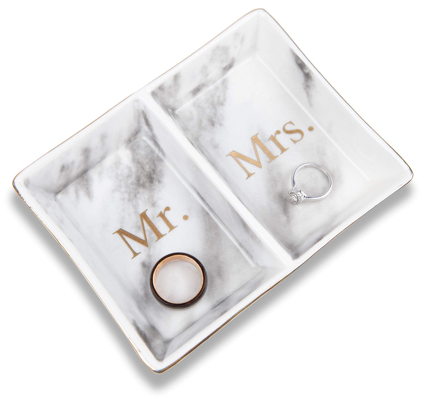 Aller Home & Kitchen Mr. & Mrs. Ring Dish - Marble Design Trinket Dish, Couples Ring Holder Dish - His and Hers Two Section Jewelry Dish Tray, Great for Wedding and Engagement Gifts