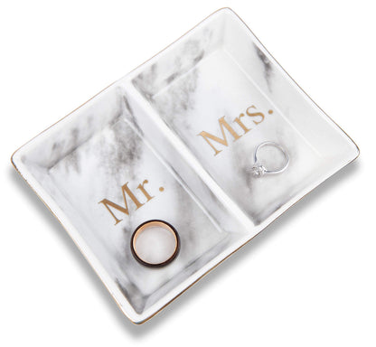Aller Home & Kitchen Mr. & Mrs. Ring Dish - Marble Design Trinket Dish, Couples Ring Holder Dish - His and Hers Two Section Jewelry Dish Tray, Great for Wedding and Engagement Gifts
