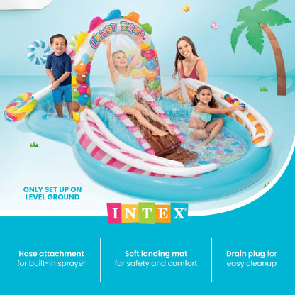 INTEX Candy Zone Inflatable Kiddie Pool: Inflatable Kids Pool with Water Sprayer and Slide – Splash Pad – 116" x 75" x 51" – Ages 3+