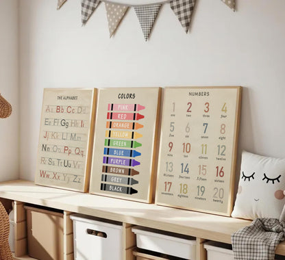 3Pcs Nursery Educational Wall Art Preschool Education Letter Number Poster Painting Pictures Wall Decor Canvas Prints artwork for Classroom Baby Boy's Baby Girl's Room Home Decoration Unframed