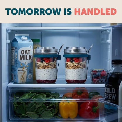 Overnight Oats Jars with Lids and Spoon - Glass Chia Pudding Containers - 16 oz Leakproof Mason Jar for Oatmeal - Wide Mouth To Go Meal Prep Cup with Measurement Markings - 2 Pack