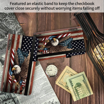 FUYOCWE Leather Checkbook Cover for Men Women Check book Holder Cover Wallets for Personal Checkbook Checks with RFID Blocking & Elastic Strap-Bald Eagle with Flag