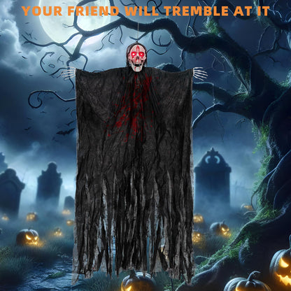 Kendane Halloween Decorations Outdoor and Indoor,67" Scary Hanging Ghosts,Halloween Grim Reaper Skeleton with Light-Up Eyes and Creepy Sound,Party Decorations for Yard,Haunted House Decor