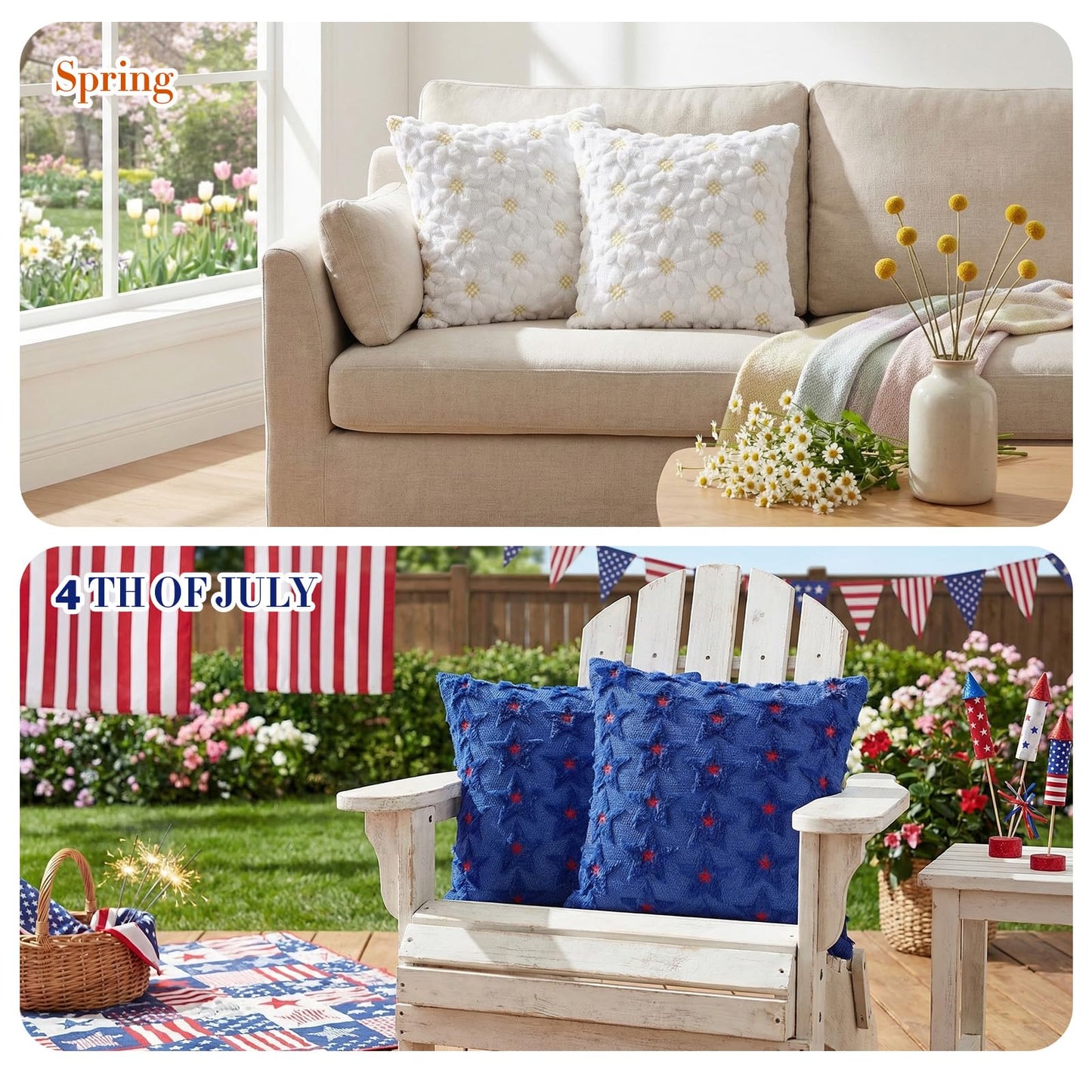 Windkream 16 Pcs 4th of July Holiday Pillow Covers 18 X18 Plush Faux Fur Cushion Covers Velvet Throw Pillow Cover Bunny Sunflower Star Pillows Case for Holiday Decor