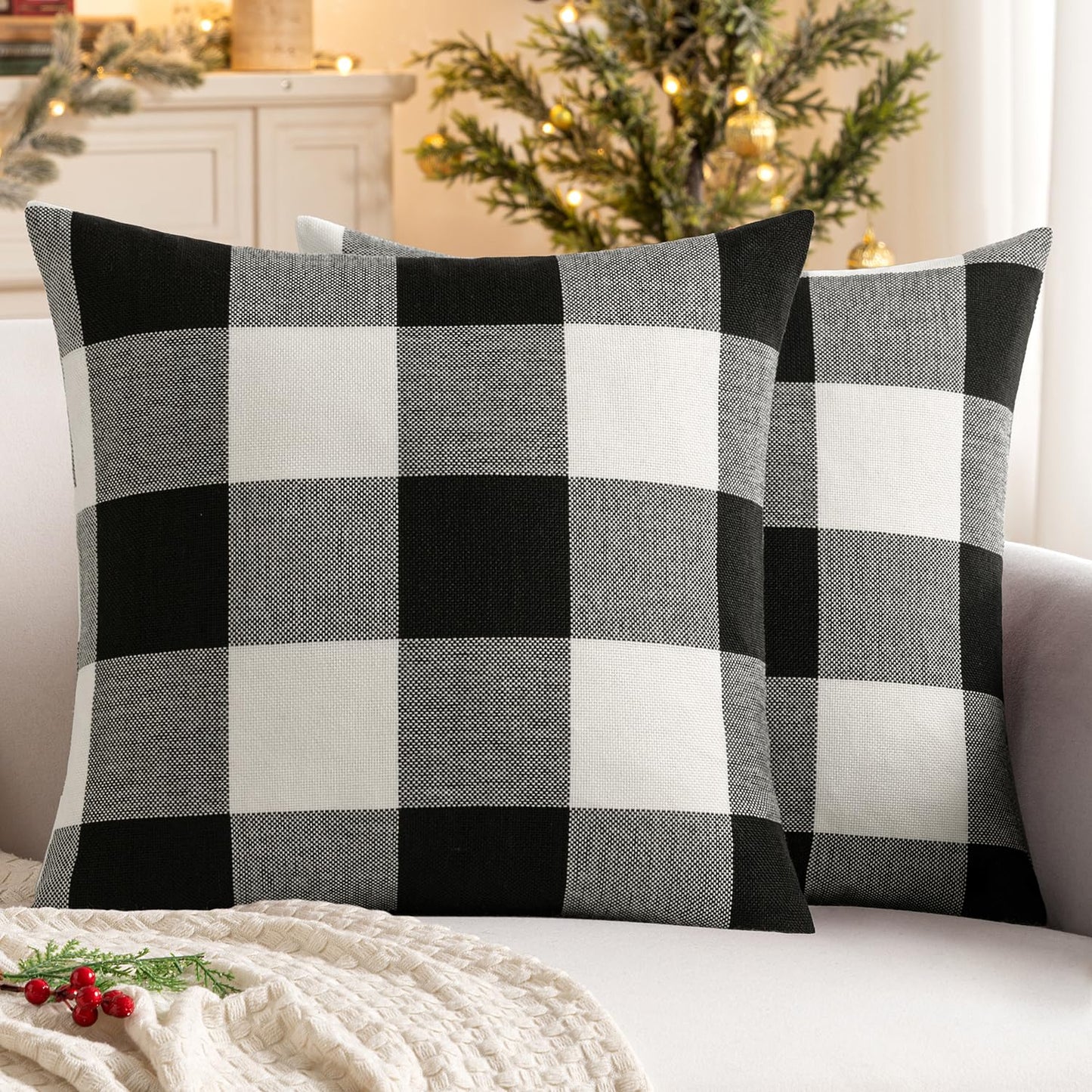 MIULEE Halloween Pack of 2 Farmhouse Buffalo Check Plaids Linen Throw Pillow Covers Soft Soild Decorative Home Decor Outdoor Cushion Case for Sofa Bedroom 18 x 18 Inch, Black and White