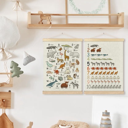 BCUANGD Alphabet Educational Wall Decor - Neutral Ocean Coastal Animals Poster Hanger with Wood Frames Set of 2, Kids ABC Numbers Wall Hanging Canvas Decor for Home Playroom Kids Room, 12x16 Inches