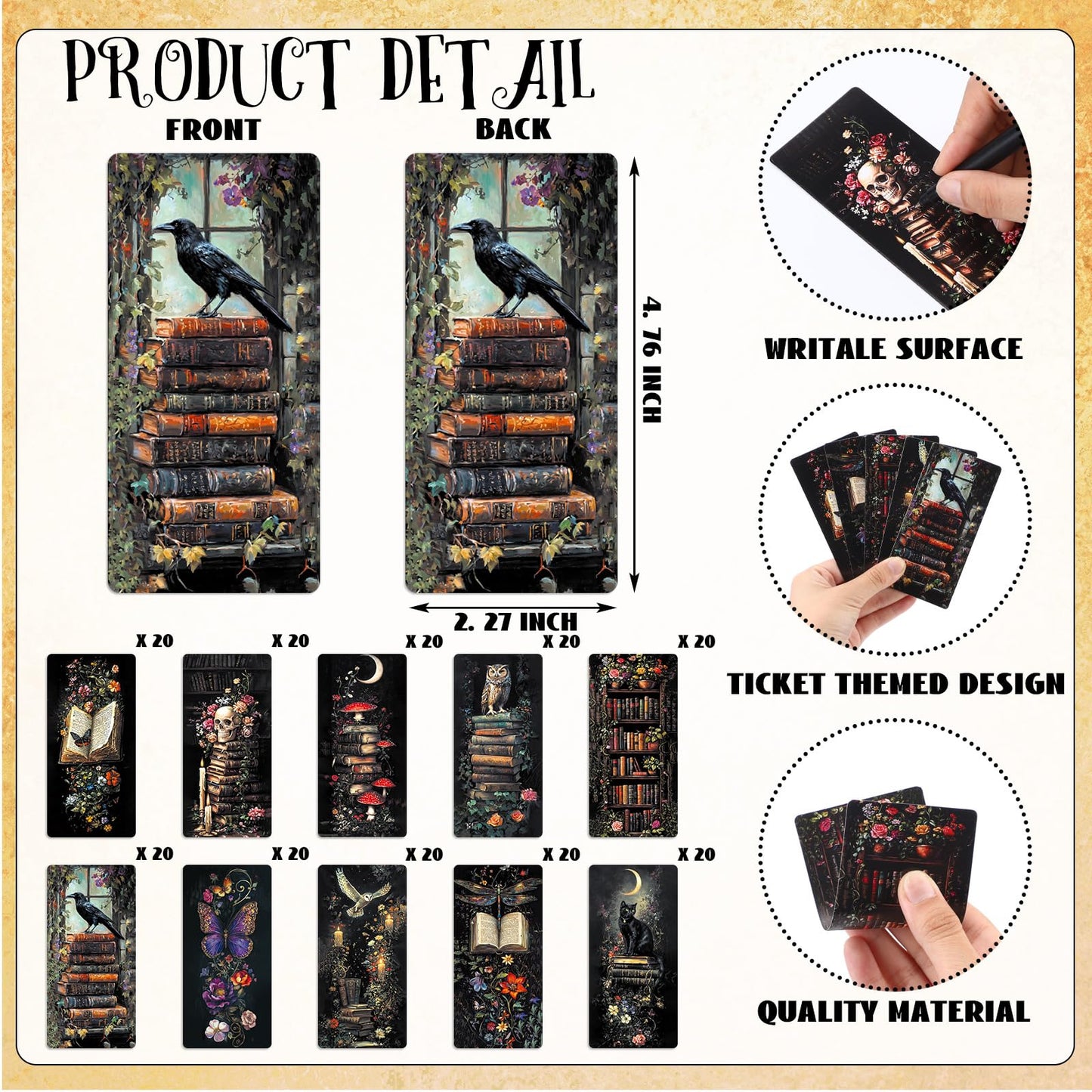 Gersoniel 200pcs Summer Halloween Dark Academia Bookmarks Bulk, 10 Designs Gothic Paper Bookmarks, Dark Romance Bookish Gifts for Book Club Party Favors Reading Accessories for Teens Adults