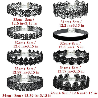 Eigso 8Pcs Gothic Tattoo Lace Choker Necklaces Set for Women Adjustable Black Collar Choker