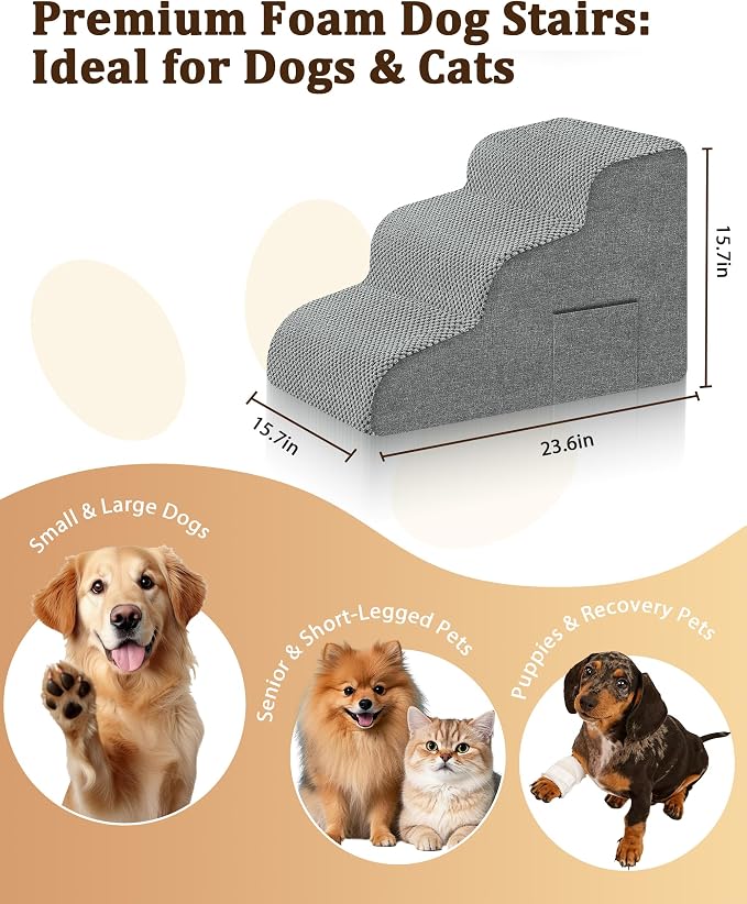 Dog Stairs for Bed & Couch, 15.7"H 3-Step High Density Foam Dog Steps for Small & Senior Dogs, Non-Slip Stable Pet Stairs for Sofa, Bedside, Balanced Bedroom Doggy Ramp with Removable Cover