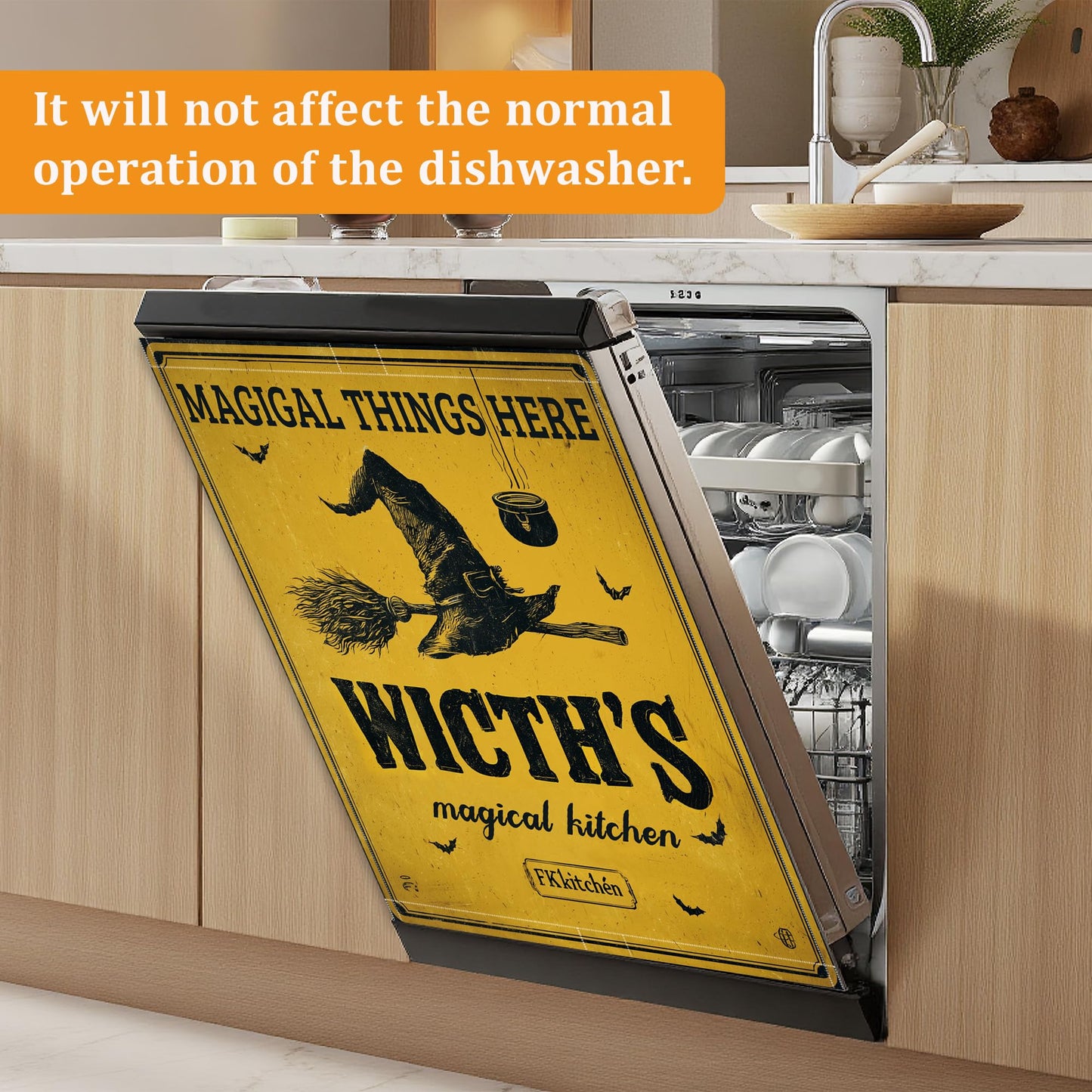 Halloween Witch Dishwasher Cover Magnet, 23 x 26 Inch Trimmable Magnetic Sticker for Dishwasher Front Panel, Easy Clean Decor for Fridge