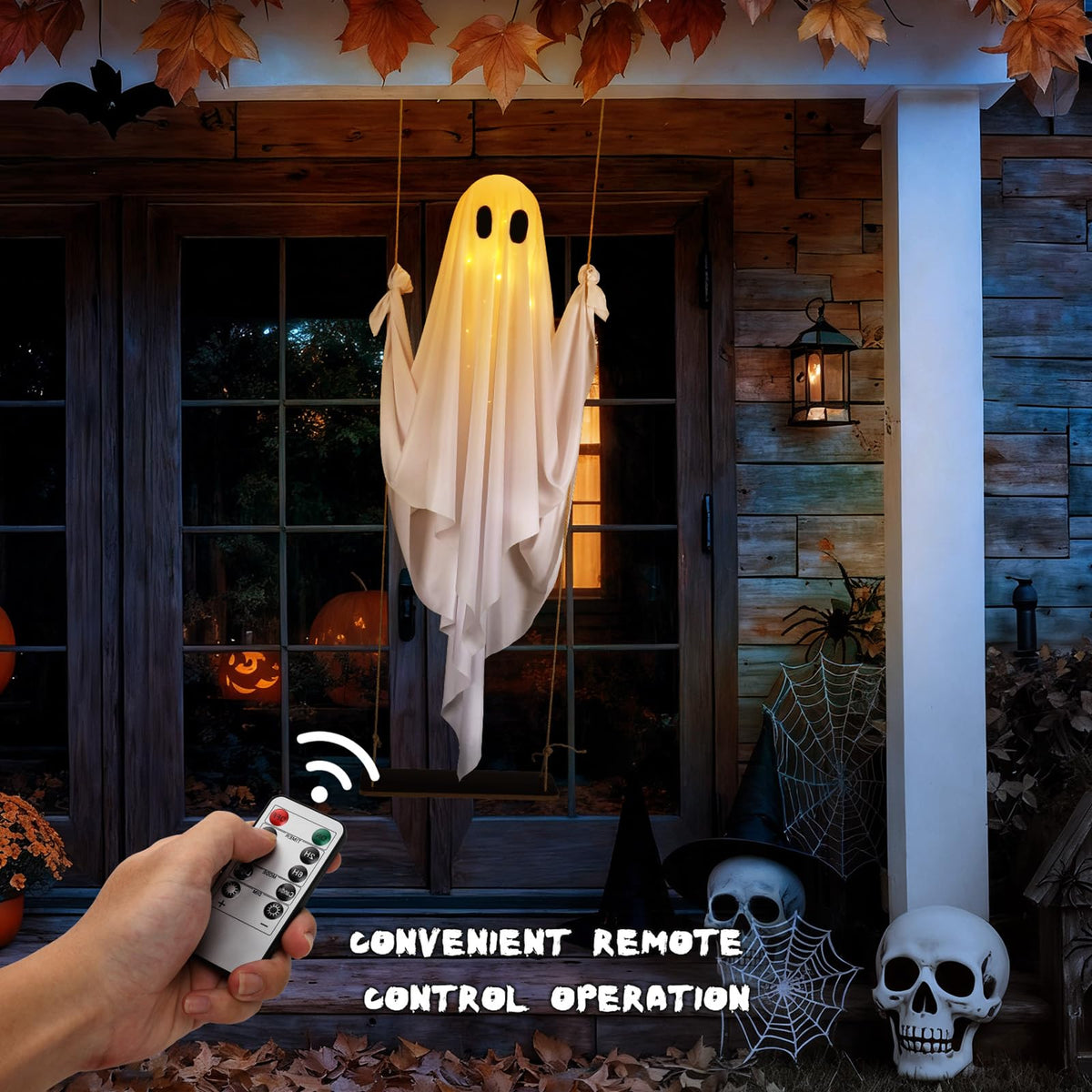 Yywsya Halloween Decorations Outdoor Large Hanging Swing Ghost with String Lights Remote Control Halloween Swinging Ghost Decor for Tree Porch Yard Garden Lawn