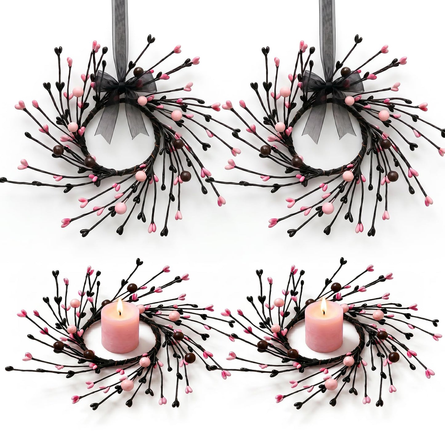 4 Pcs Pink Halloween Mini Candle Ring Wreaths Black Twig & Pink Buds with Bead Accents Artificial Pillar Candle Holder Wreath for Spooky Cute Gothic Home Cabinet Table Porch Decoration
