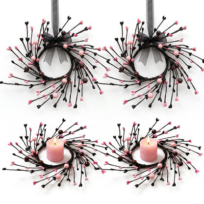 4 Pcs Pink Halloween Mini Candle Ring Wreaths Black Twig & Pink Buds with Bead Accents Artificial Pillar Candle Holder Wreath for Spooky Cute Gothic Home Cabinet Table Porch Decoration